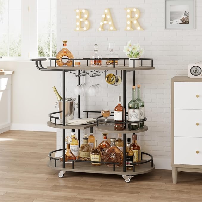 Garvee Bar Serving Cart with Wine Rack and Glass Holder, 3-Tier Rolling Serving by Garvee