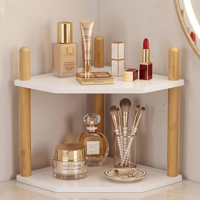 2-Tier Expandable Bamboo Corner Shelf - Image 2