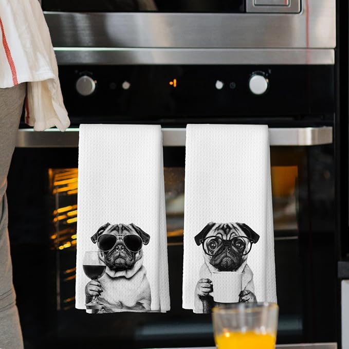 Funny Pug Kitchen Towels Set of 2, Funny Dog Kitchen Accessories, Coffee - Image 2