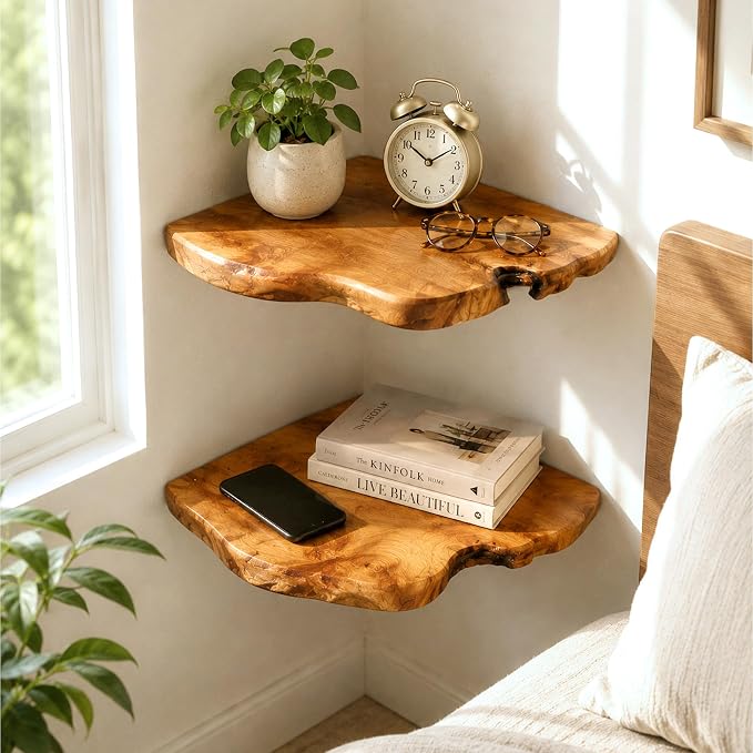 Floating Corner Shelf Set of 2, Handcrafted Live Edge Corner Wall Shelves - Image 8