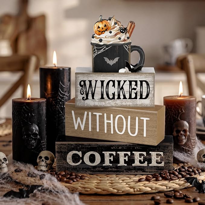 Lineshading 4 Pcs Halloween Coffee Table Decorations Wicked Wooden Stacked Sign - Image 3