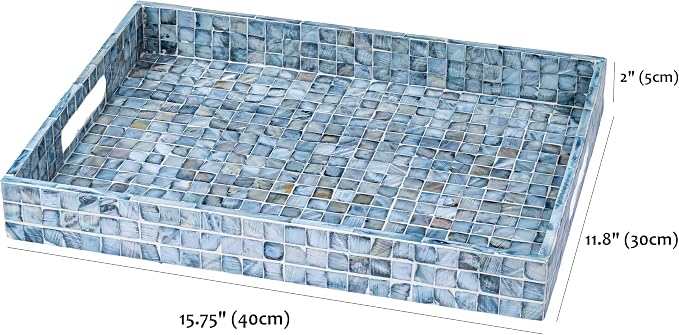 PEMAR Rectangular Mother of Pearl Serving Tray Nacre Wood Lap Ottoman Tray - Image 12