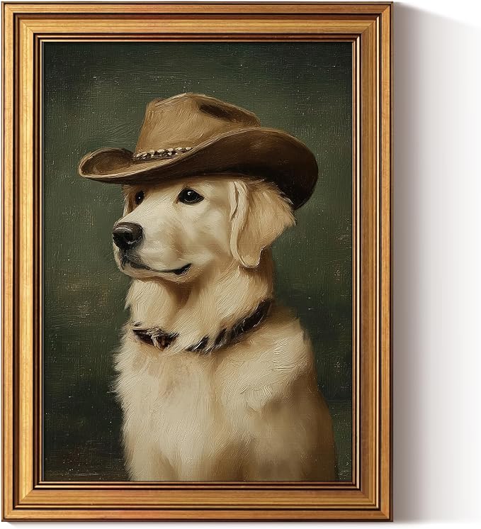 ARPEOTCY Gold Framed Canvas Wall Art, 12x16 Inch Funny Cowboy Dog Portrait by ARPEOTCY