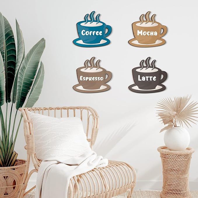 Blulu 4 Pieces Coffee Wooden Wall Art Decor Wooden Coffee Cup Signs Espresso - Image 4