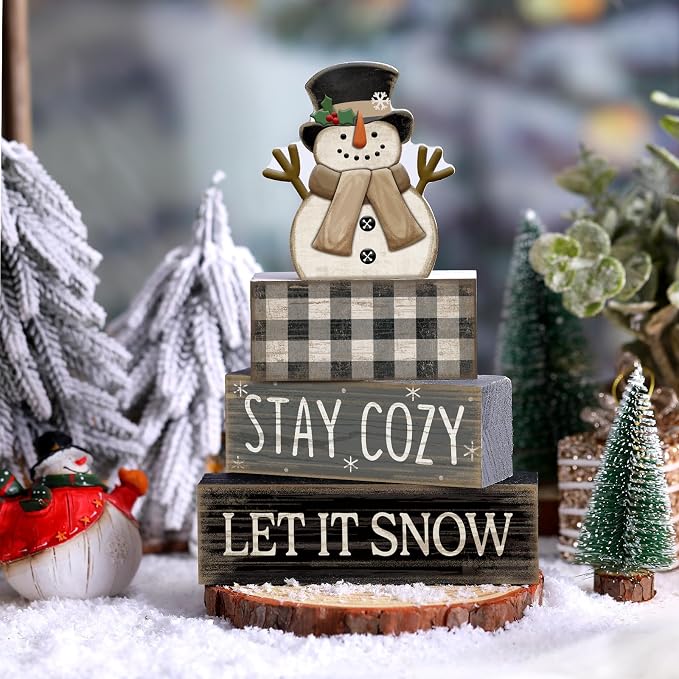 Yuntau 4 Pcs Winter Table Decorations Wooden Snowman Winter Tiered Tray Decor - Image 2