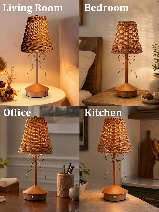 Boho Rattan Table Lamp, Small Wicker Lamp, Vintage Bow Lamp - Image 7