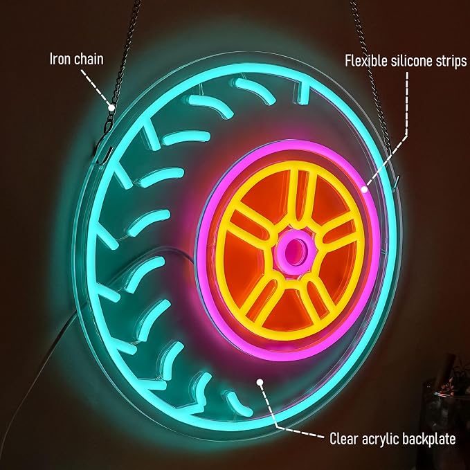 Automobile Tire Neon Sign USB Powered Wheel Neon Light Garage Tire Light Up Sign - Image 5