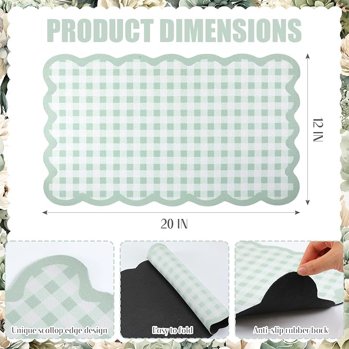Scalloped Gingham Coffee Mat 12" x 20" Absorbent Coffee Bar Mat Brown Gingham - Image 2