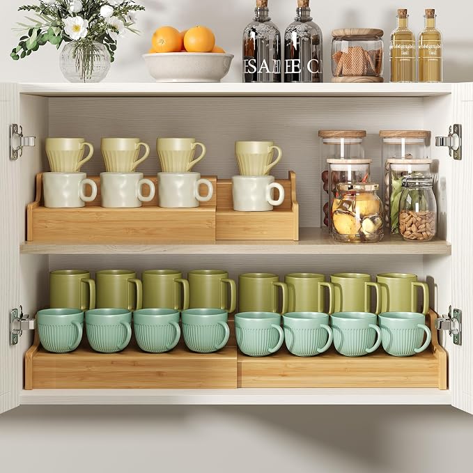 Hongtamoya 2-Tier Expandable Bamboo Mug Holder Coffee Mug Rack Organizer by Hongtamoya