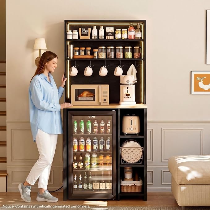 IRONCK Bakers Rack with Mini Fridge Space & Power Outlets, 69.3" Coffee Bar - Image 3