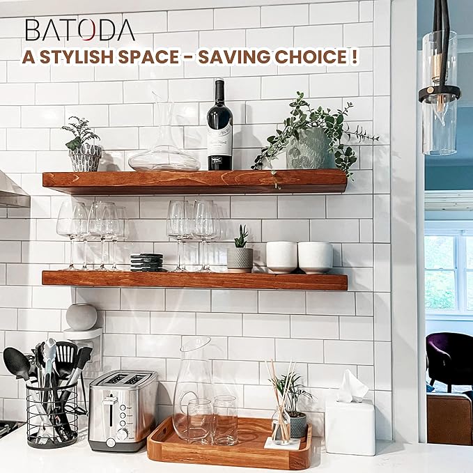BATODA Set of 2 24" Acacia Wood Floating Shelves Wall Mounted – Rustic - Image 6