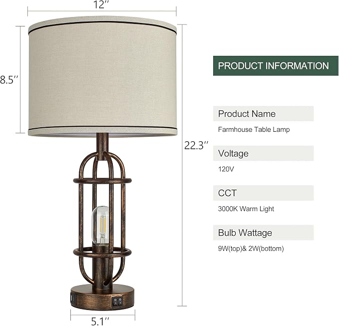 Reaketon Table Lamps for Living Room Set of 2, 22.3" Farmhouse Lamps for - Image 8