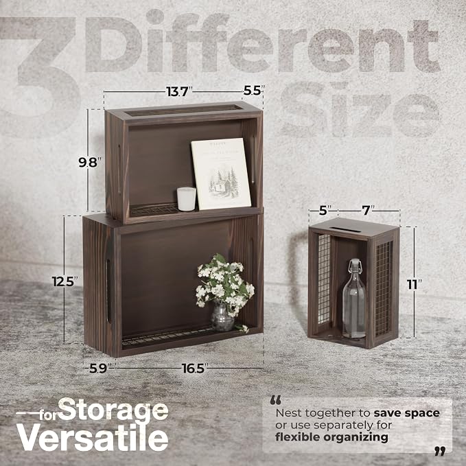 Set of 3 Extra Large Wooden Nesting Countertop Baskets, Rustic Wood Storage - Image 3