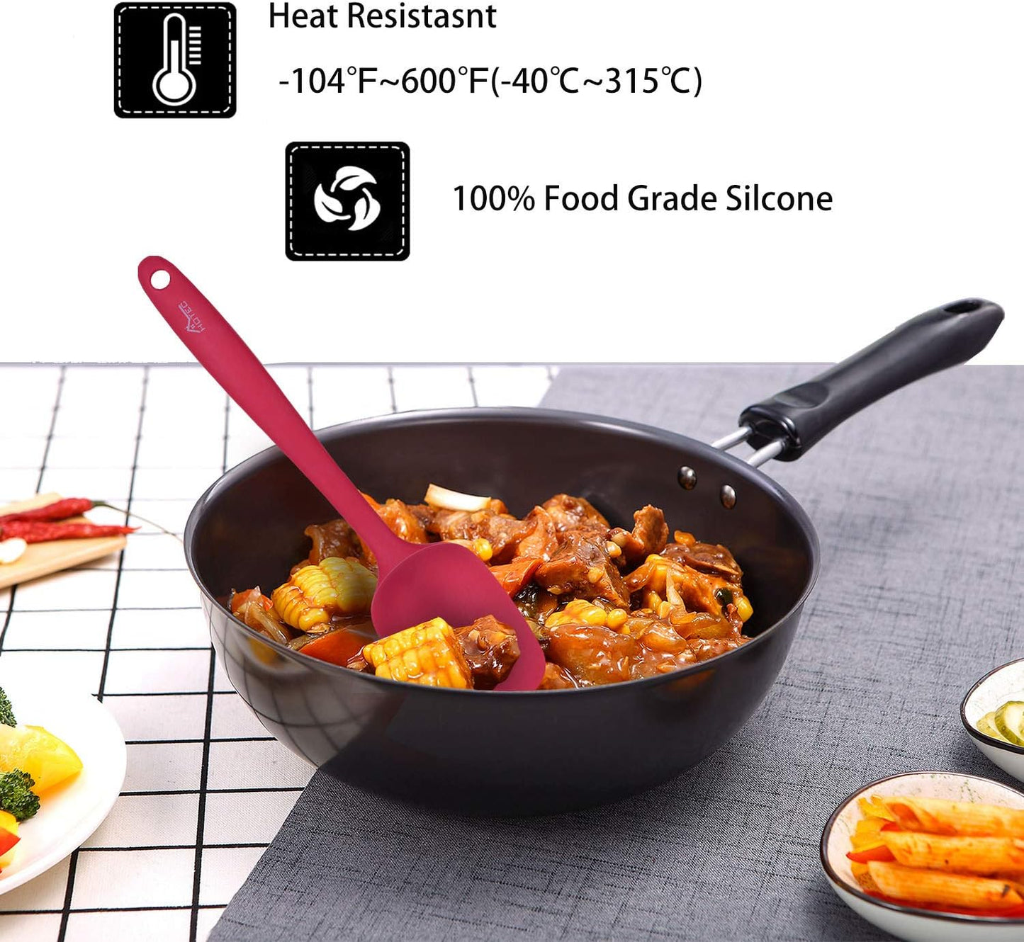 HOTEC Heat Resistant 600℉ BPA-Free Silicone Rubber Spatula Set, Kithchen Cooking Spatulas, Baking, Mixing, for Non Stick Cookware, Dishwasher Safe, Red Set of 5
