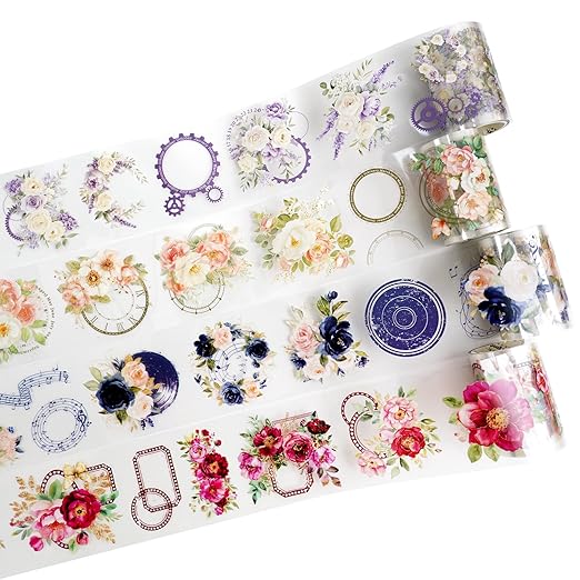 PET Tape Stickers Set with Metal Clip, 4 Rolls Precut Floral Music Decorative by Auriicleaf