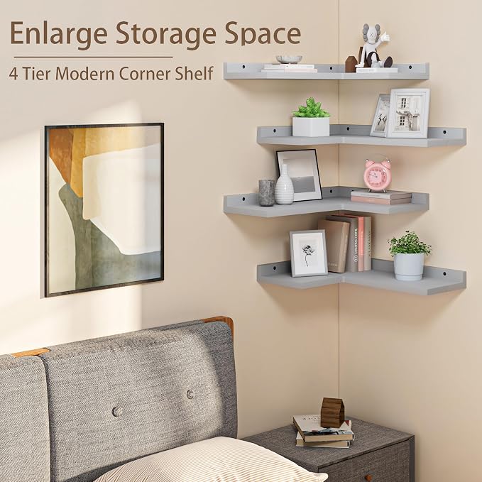 4 Tier Floating Corner Shelves Grey Set of 4, Rustic Pine Wooden Floating - Image 3