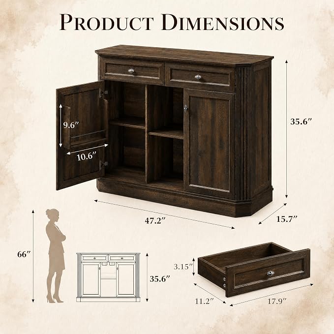 Walnut Coffee Bar with 2 Drawers & 2 Doors, LED Wine Bar Cabinet with Wine - Image 3