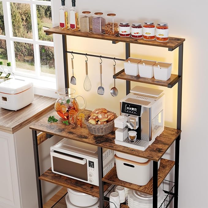 HOOBRO Bakers Rack with Power Outlet and LED Light, 6-Tier Microwave Stand with - Image 5