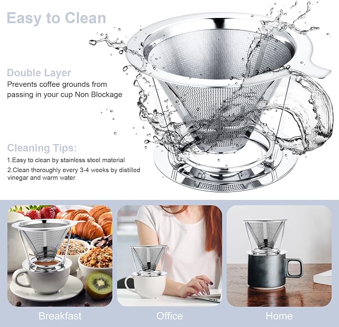 Pour Over Coffee Maker, Coffee Filter, Slow Drip Paperless Stainless Steel Cone - Image 6