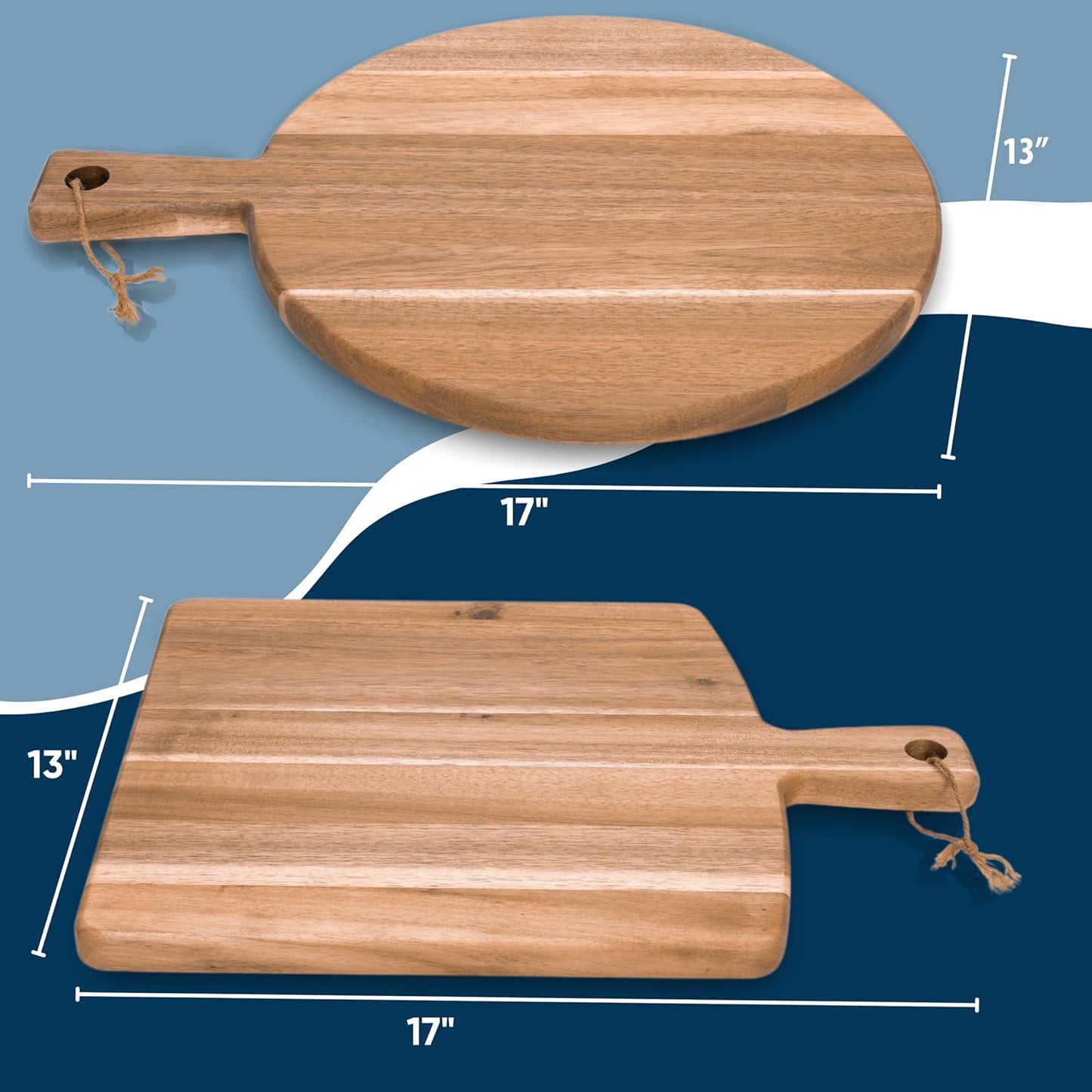 KOLWOVEN Acacia Wood Cutting Board 2 Pack with Handle, Wooden Charcuterie Board Large Paddle Carving Chopping Board Set, Serving Tray for Cheese Meat Fruit Pizza Bread Baking