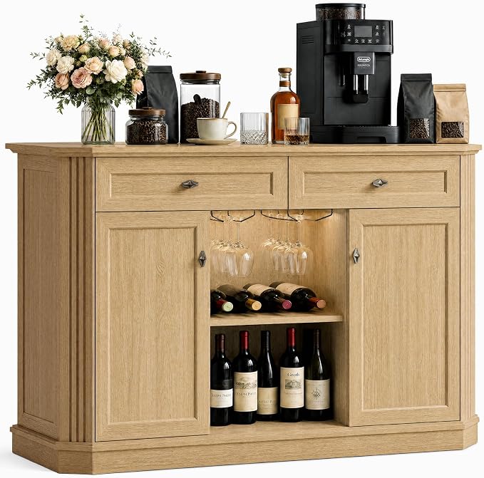 Natural Oak Coffee Bar with 2 Drawers & 2 Doors, LED Wine Bar Cabinet with Wine by Varello