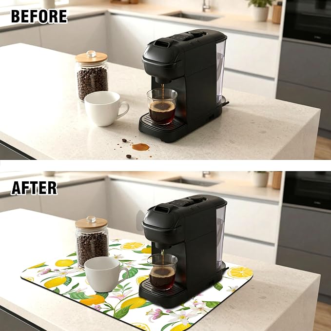 Lemon Floral Coffee Drying Mat 12" x 19", Non-Slip Absorbent Quick-Dry Mat - Image 3
