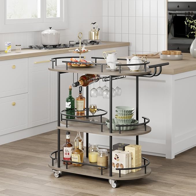 Garvee Bar Serving Cart with Wine Rack and Glass Holder, 3-Tier Rolling Serving - Image 2