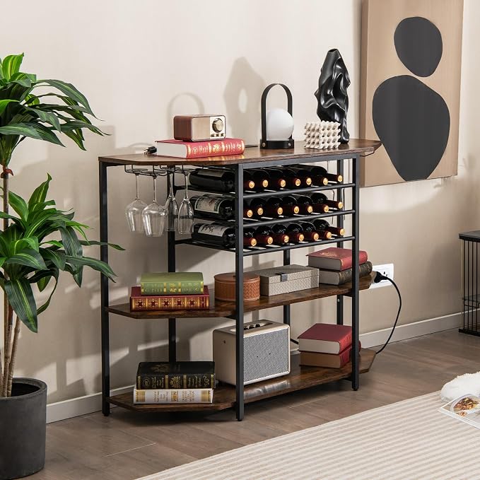 Giantex Wine Bar Cabinet with Power Outlet, Mini Coffee Bar Stand Table with 21 - Image 6