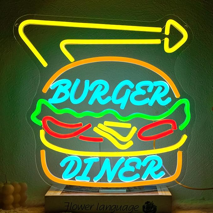 Diner Burger Neon Sign for Bussiness Dimmable Hamburger Neon Light Sign for by Unknown