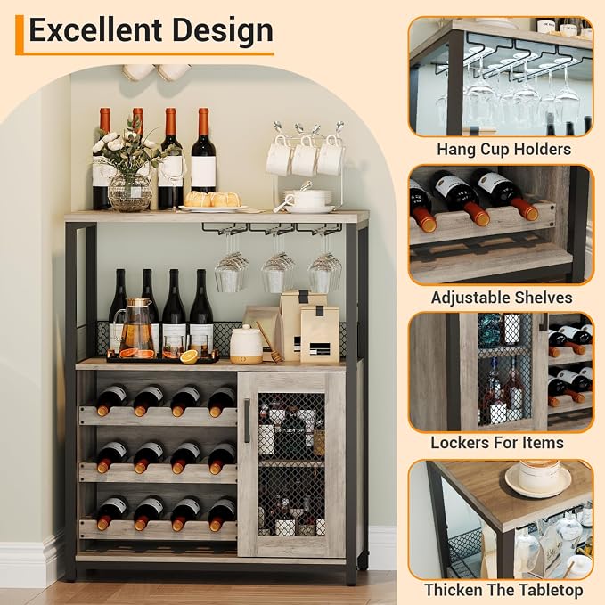 Jojoka 3 Tier Wine Bar Cabinet, Adjustable Storage, Liquor Rack, Glass Holder - Image 3