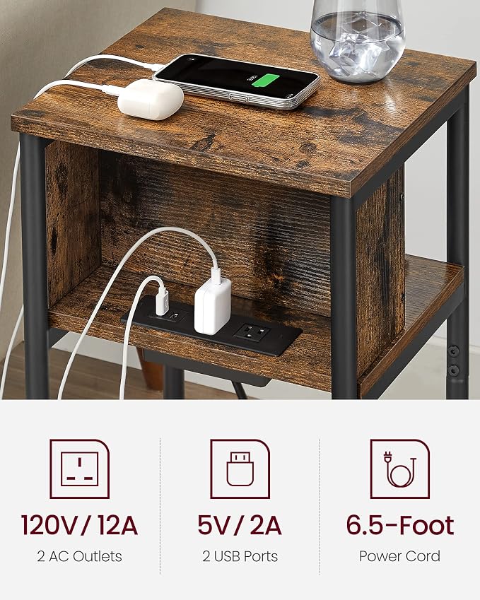 VASAGLE Side Table with Charging Station, 3-Tier End Table with USB Ports and - Image 4