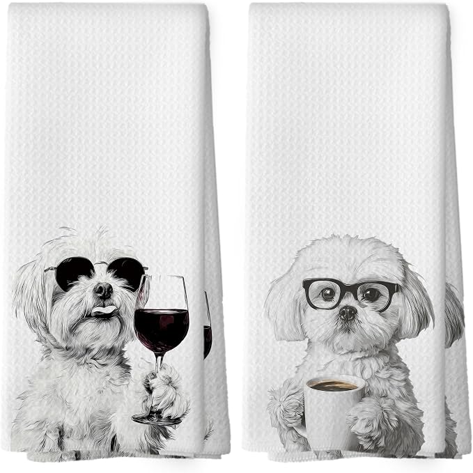 Funny Maltese Kitchen Towels Set of 2, Funny Dog Kitchen Accessories, Coffee by Mcehtle