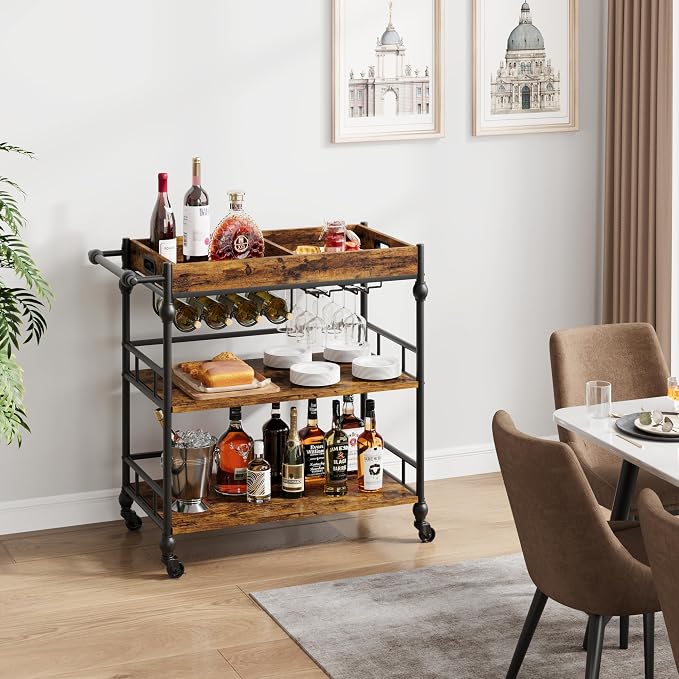 Garvee Bar Cart with Wheels, 3-Tier Rolling Serving Cart with Removable Tray - Image 3