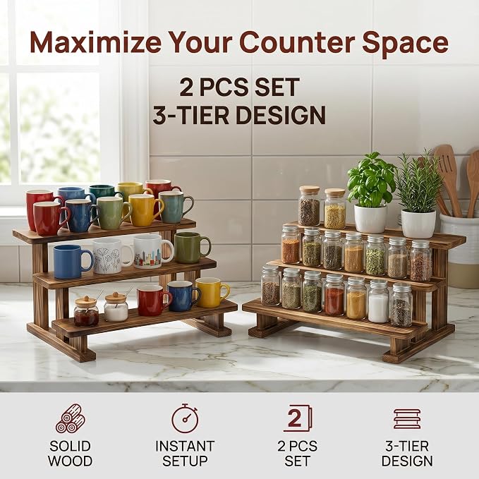 2 Pack 3 Tier Coffee Mug Display Shelf, Wooden Coffee Mug Holder Organizer - Image 3