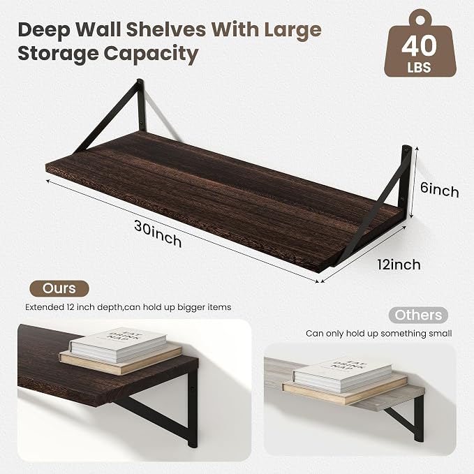 Marsmiles Deep Floating Shelves | 30 Inch Dark Wood Wall Shelves Set of 2 | 12 - Image 3
