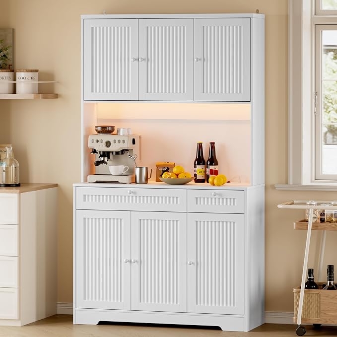 BORNOON Pantry Cabinet with Charging Station and Light, Tall Kitchen Pantry by BORNOON