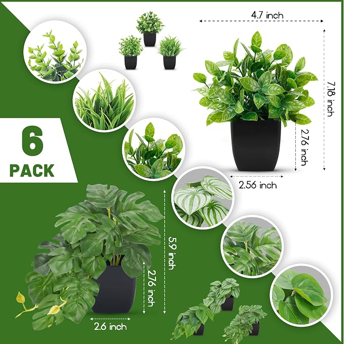 Der Rose 6 Pack Fake Plants Small Artificial Plants in Black Pots - Image 3