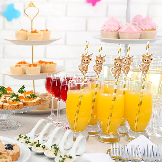 Disposable Bear Drinking Straws, Woodland Baby Party Supplies, Birthday Party - Image 3