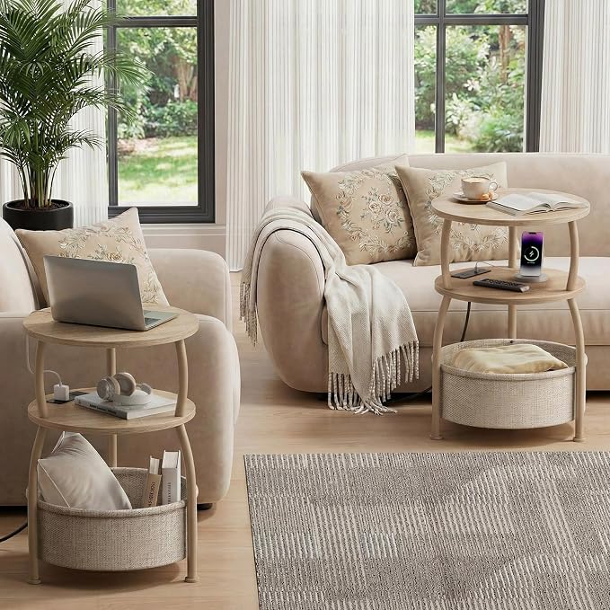 Round Side Table with Charging Station, USB Type C Port, Oak | End Table with - Image 6