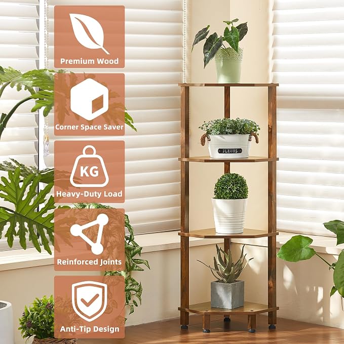 YUFAM 4-Tier Corner Shelf with Sturdy 5-Leg Base, Wooden Corner Bookshelf - Image 6