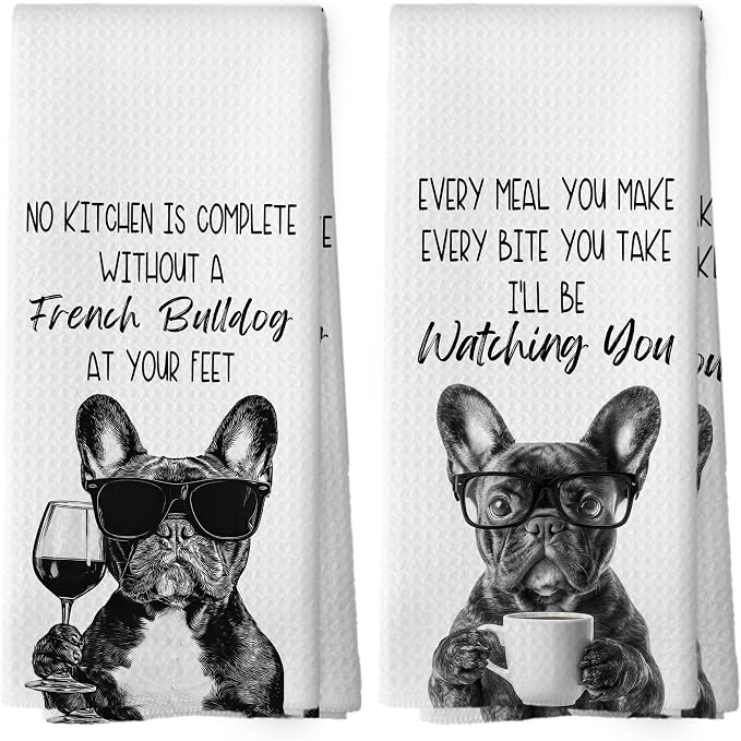 Funny French Bulldog Kitchen Towels Set of 2, Dog Kitchen Accessories, Coffee by Mcehtle