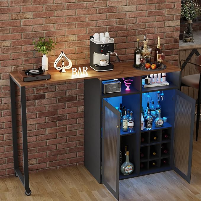 Home Bar Unit with Charging Station & Lights & Storage Mini Corner Bar Table - Image 2