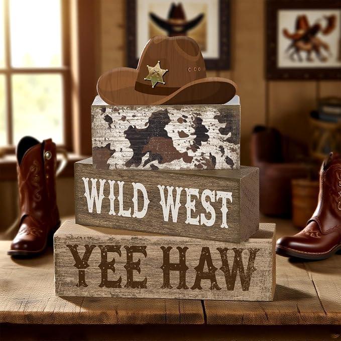 Yuntau 4 Pcs Western Tiered Tray Decorations Set Cowboy Hat Stack Block Signs - Image 3