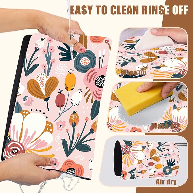 Dish Drying Mat Pink Flowers Berries Leaves Coffee Bar Mat - Image 5