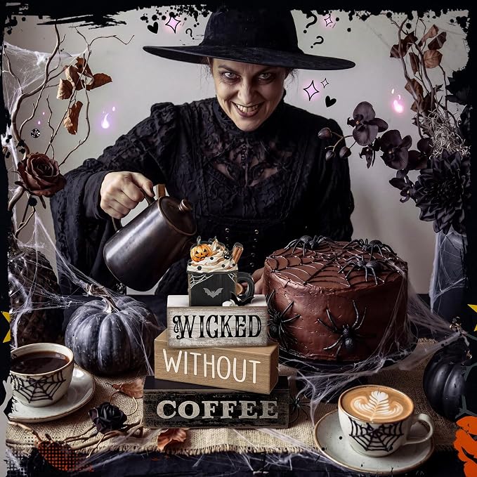 Lineshading 4 Pcs Halloween Coffee Table Decorations Wicked Wooden Stacked Sign - Image 2