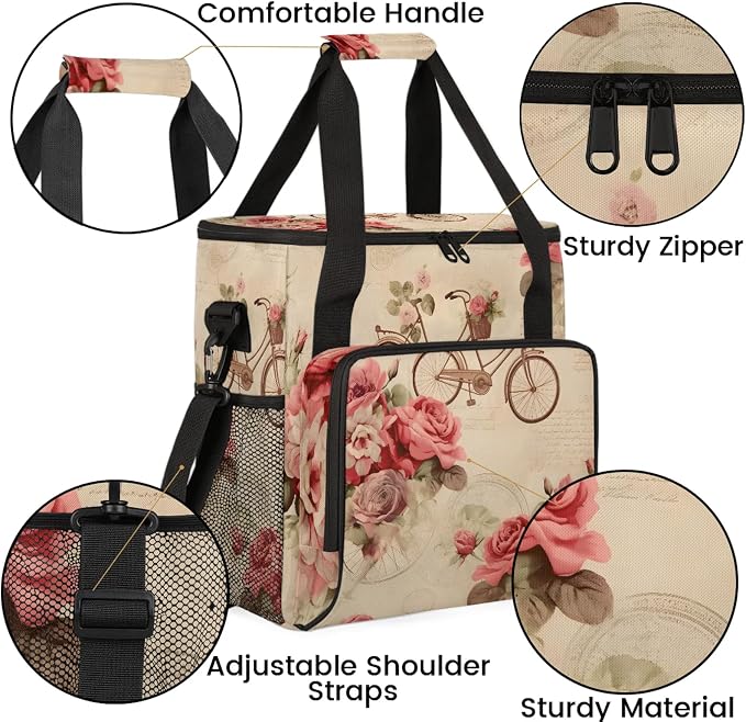 Vintage Rose Bicycle Flower Coffee Maker Carring Bag, Large Insulated Storage - Image 6