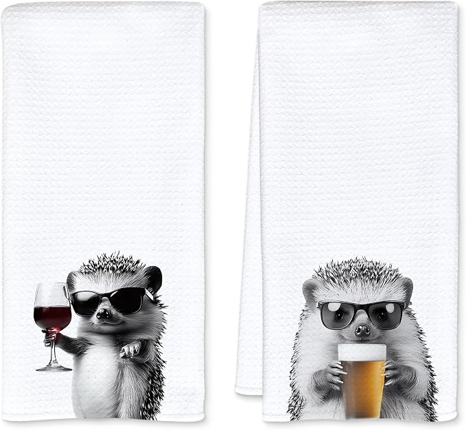 Funny Hedgehog Kitchen Towels Set of 2, Funny Kitchen Decor, Wine Station Wine by Unknown