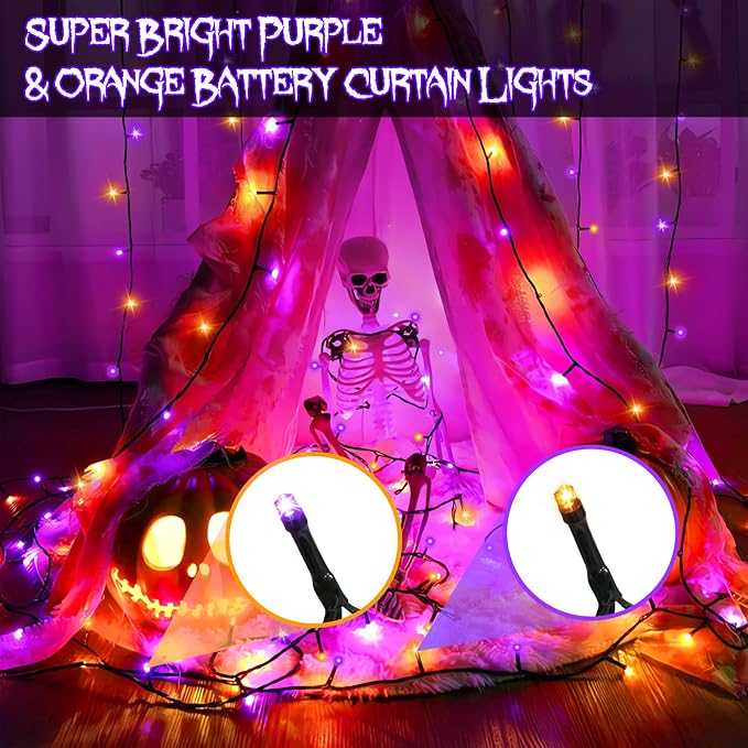 Halloween Battery Curtain Lights Purple Orange - Image 4