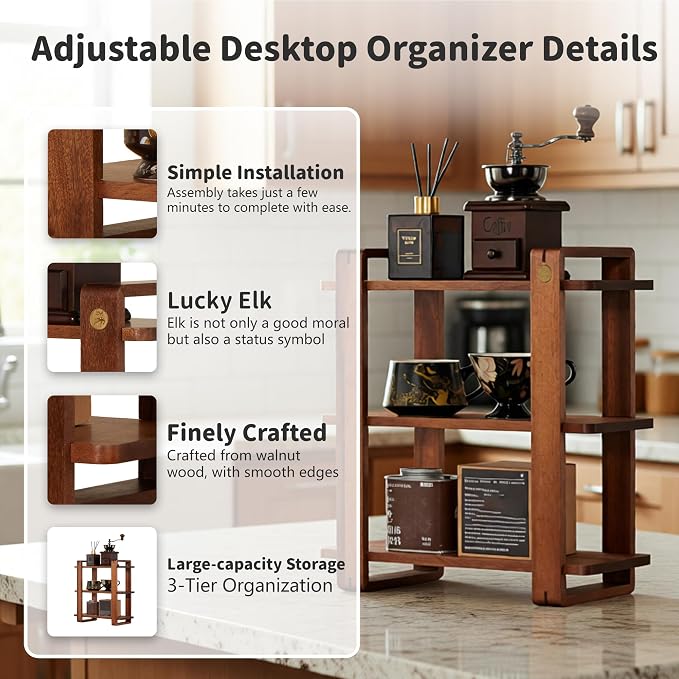 Coffee Station Organizer for Kitchen walnut WoodenCountertop Mug Holder 3 Tier - Image 3