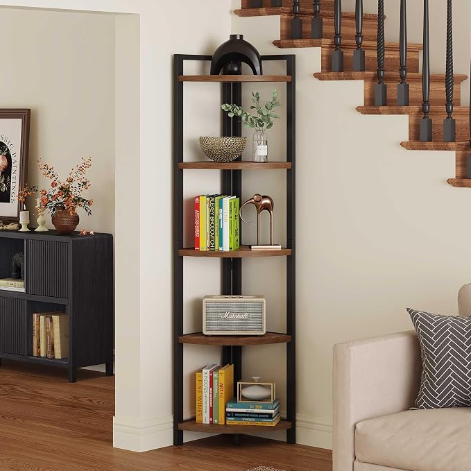 FATORRI Tall Corner Shelf, Industrial Corner Bookshelf, Wood and Metal Corner - Image 8